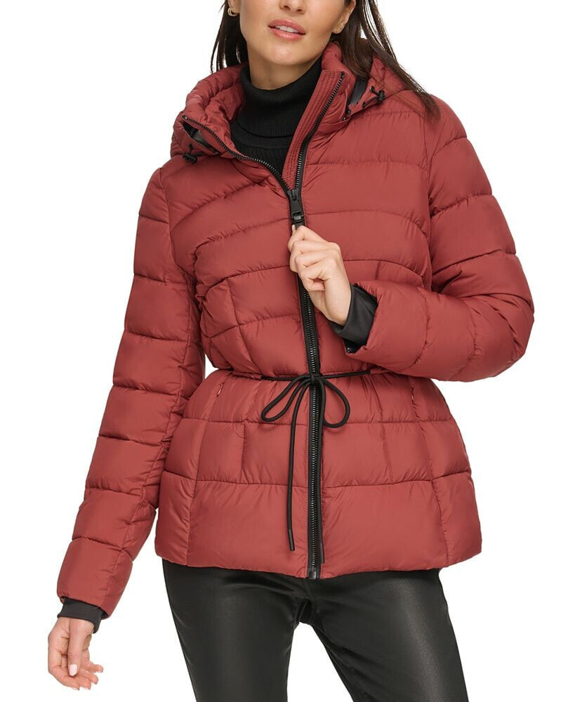Dkny Women's Rope Belted Hooded Puffer Coat, Created for Macy's