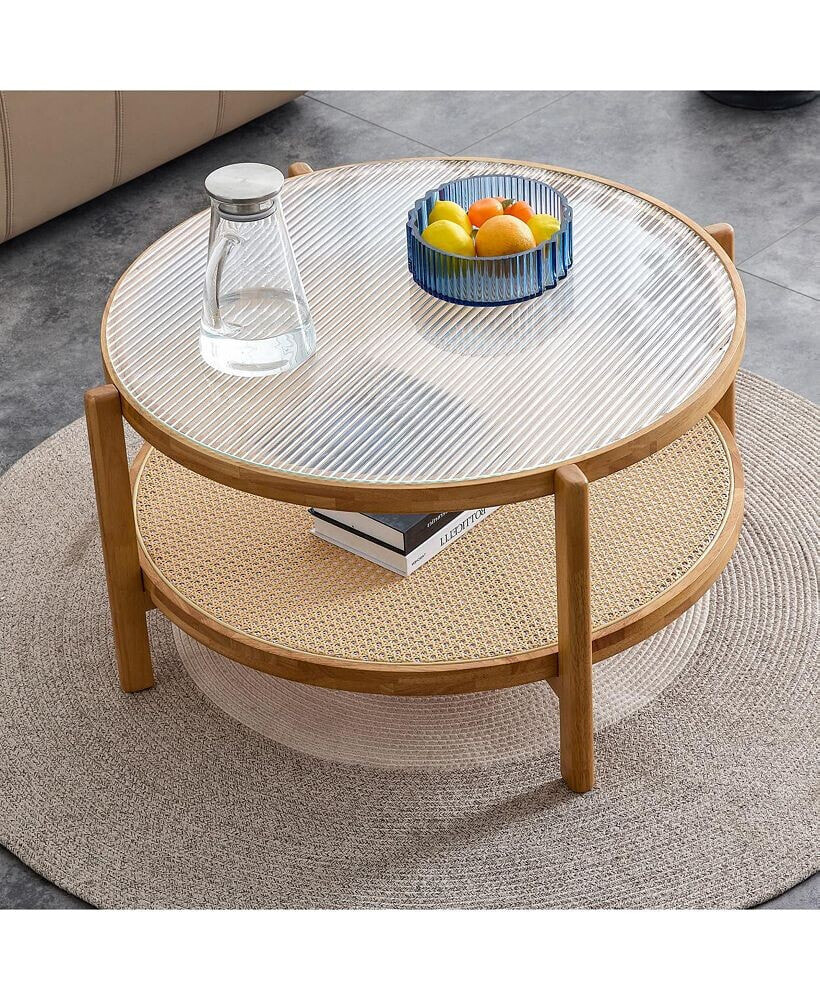 Simplie Fun modern simple circular double-layer solid wood tea table rattan woven Chinese side table smal