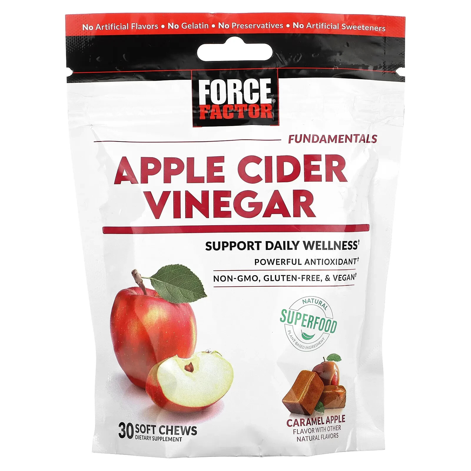 Force Factor, Яблочный уксус, карамельное яблоко, 30 жевательных таблеток