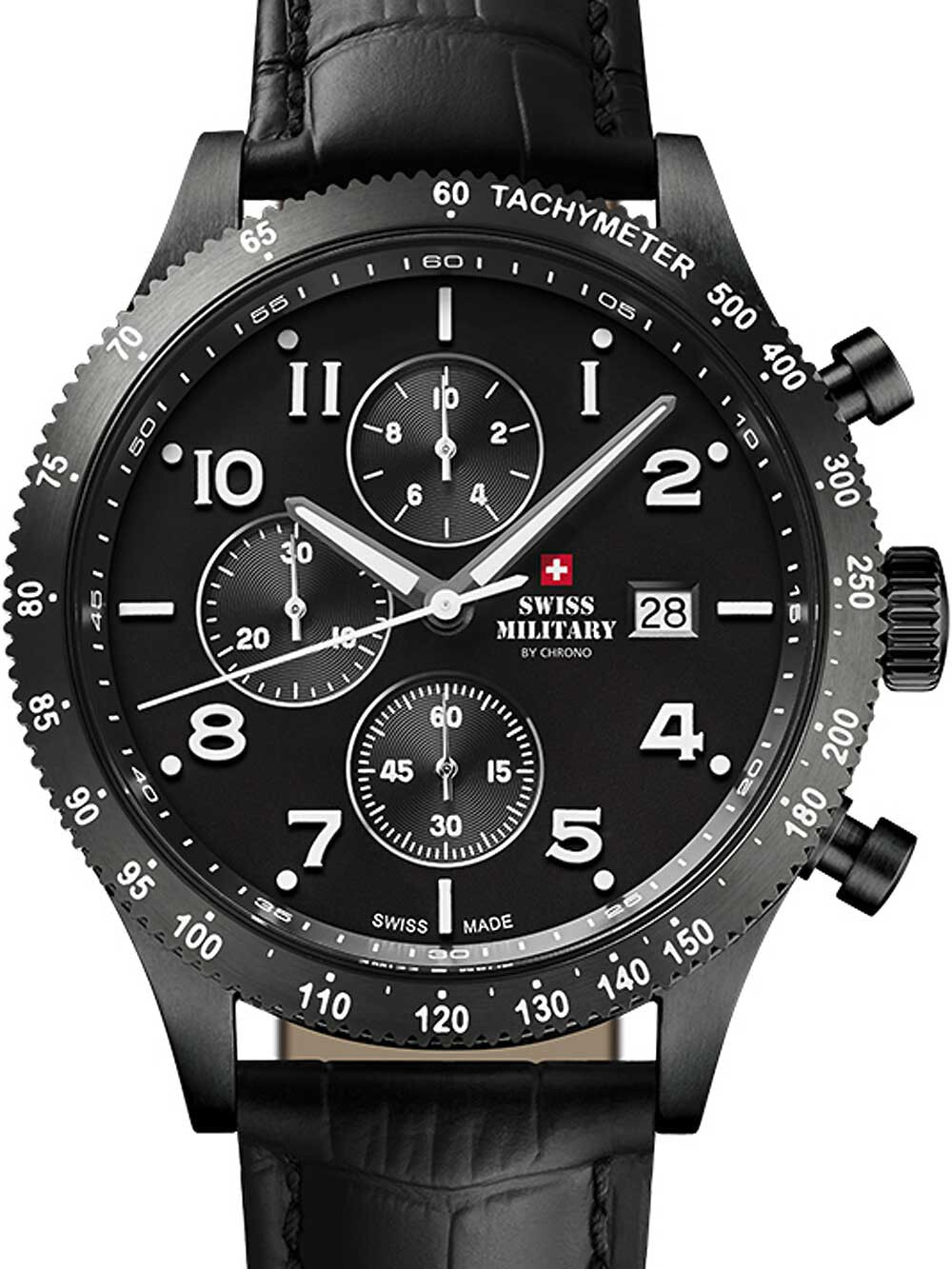 Мужские наручные часы с черным кожаным ремешком Swiss Military SM34084.07 chrono 42 mm 10ATM