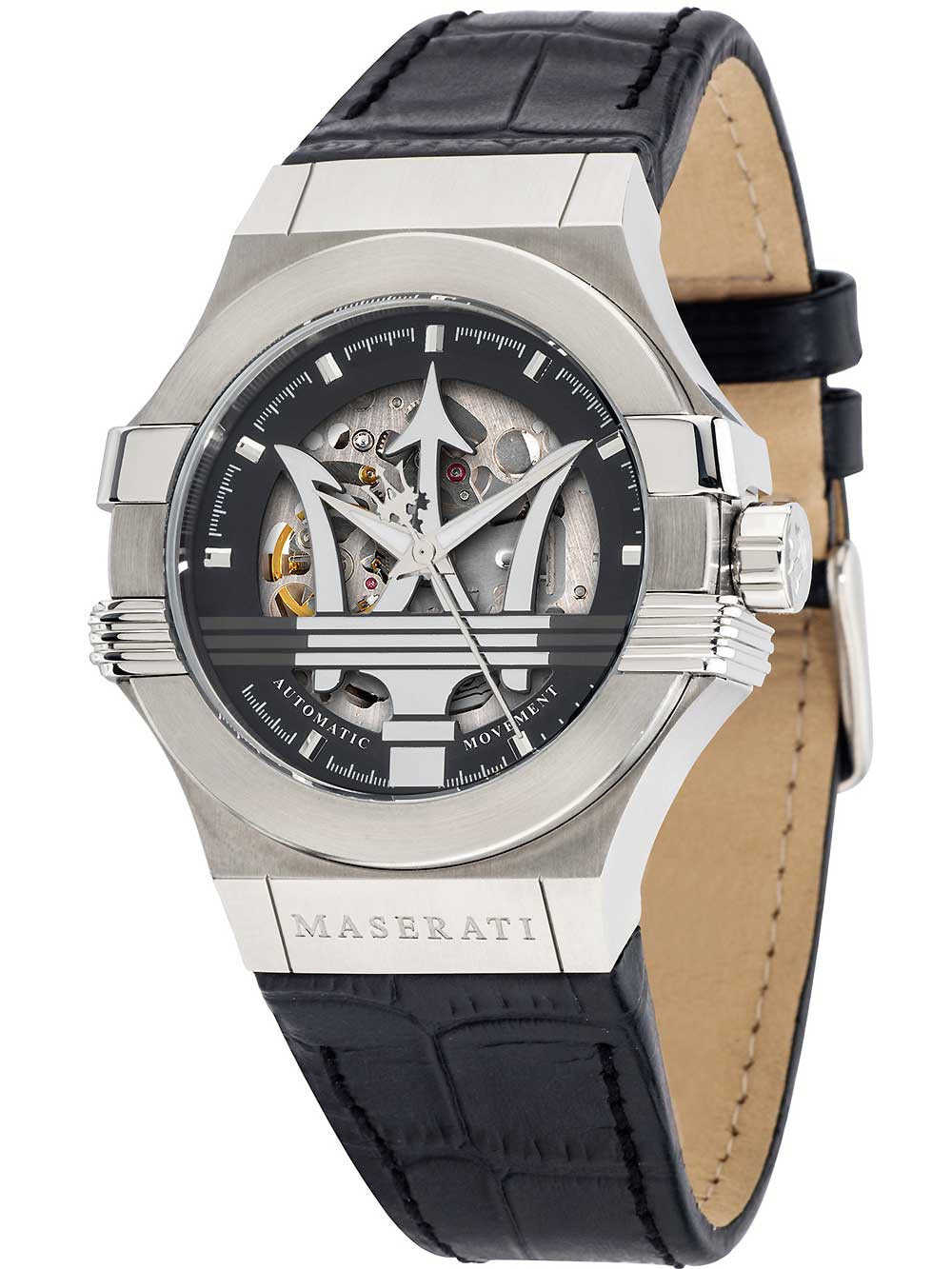 Мужские наручные часы с черным кожаным ремешком Maserati R8821108038 Potenza automatic watch 42mm 10ATM
