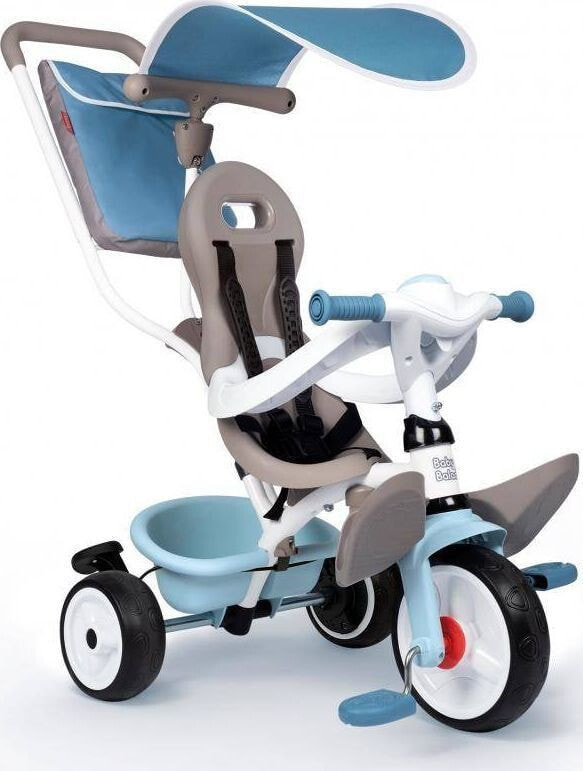 Трехколесный велосипед Smoby Baby Balade 3 в 1 с козырьком багажником и сумкой. С 10 месяцев. Защитный бампер и ремни безопасности, регулируемое сиденье, съемная родительская ручка, регулируемая по высоте. Голубой.