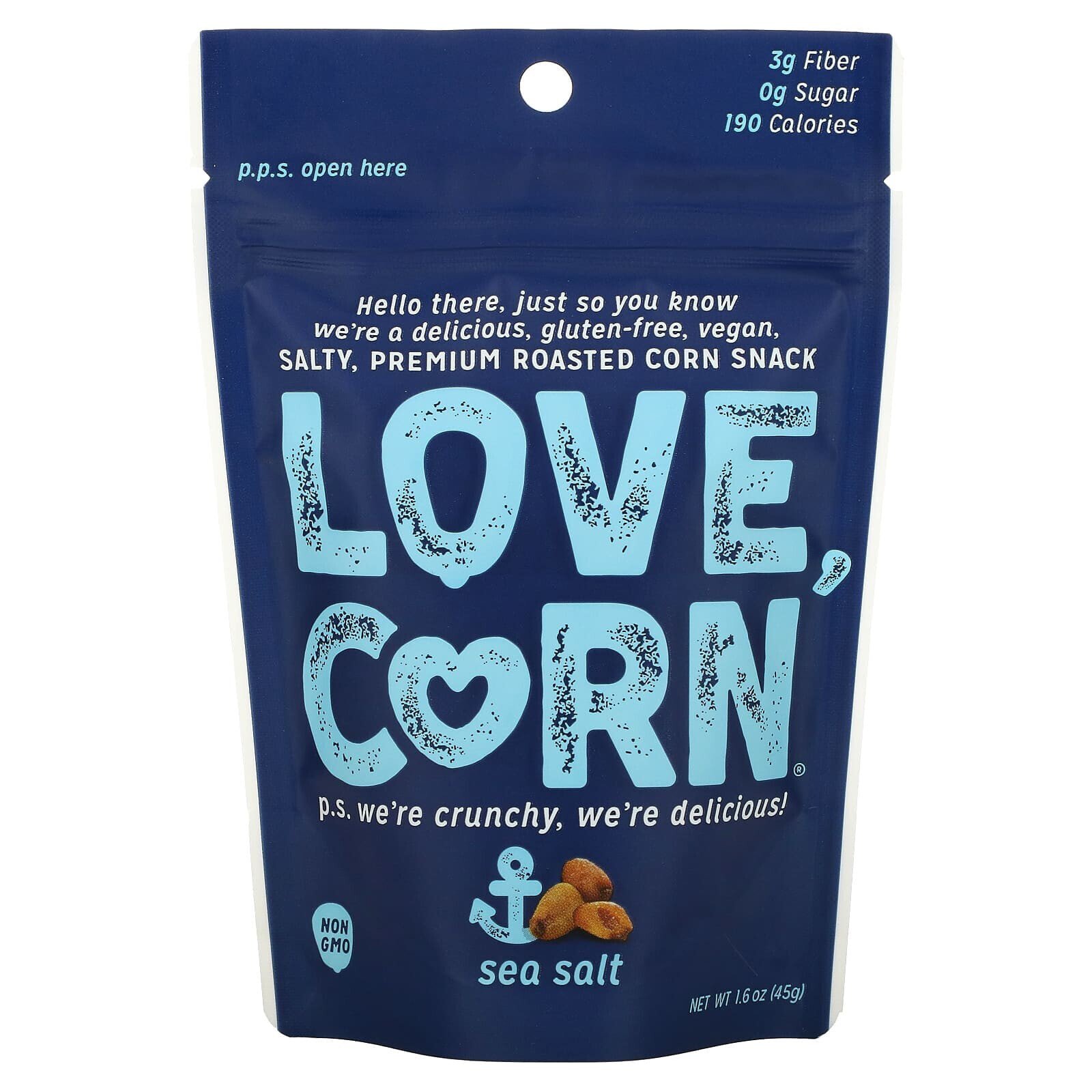 Лав Корн, Обжаренная кукуруза премиального качества, морская соль, 45 г (1,6 унции)