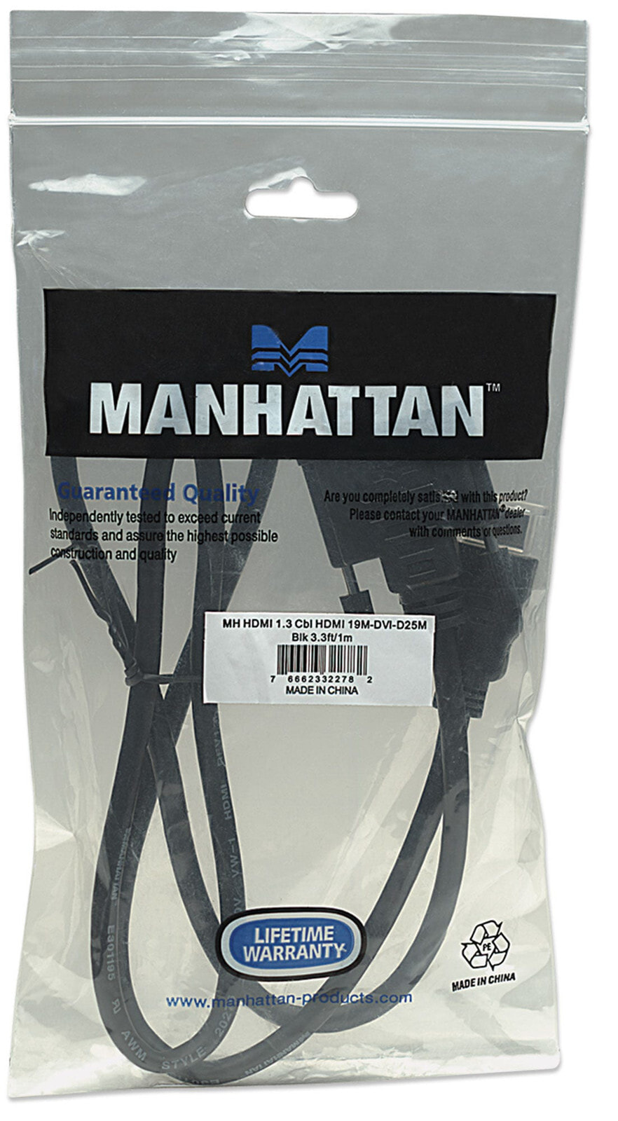 Manhattan 322782 видео кабель адаптер 1 m HDMI DVI-D Черный