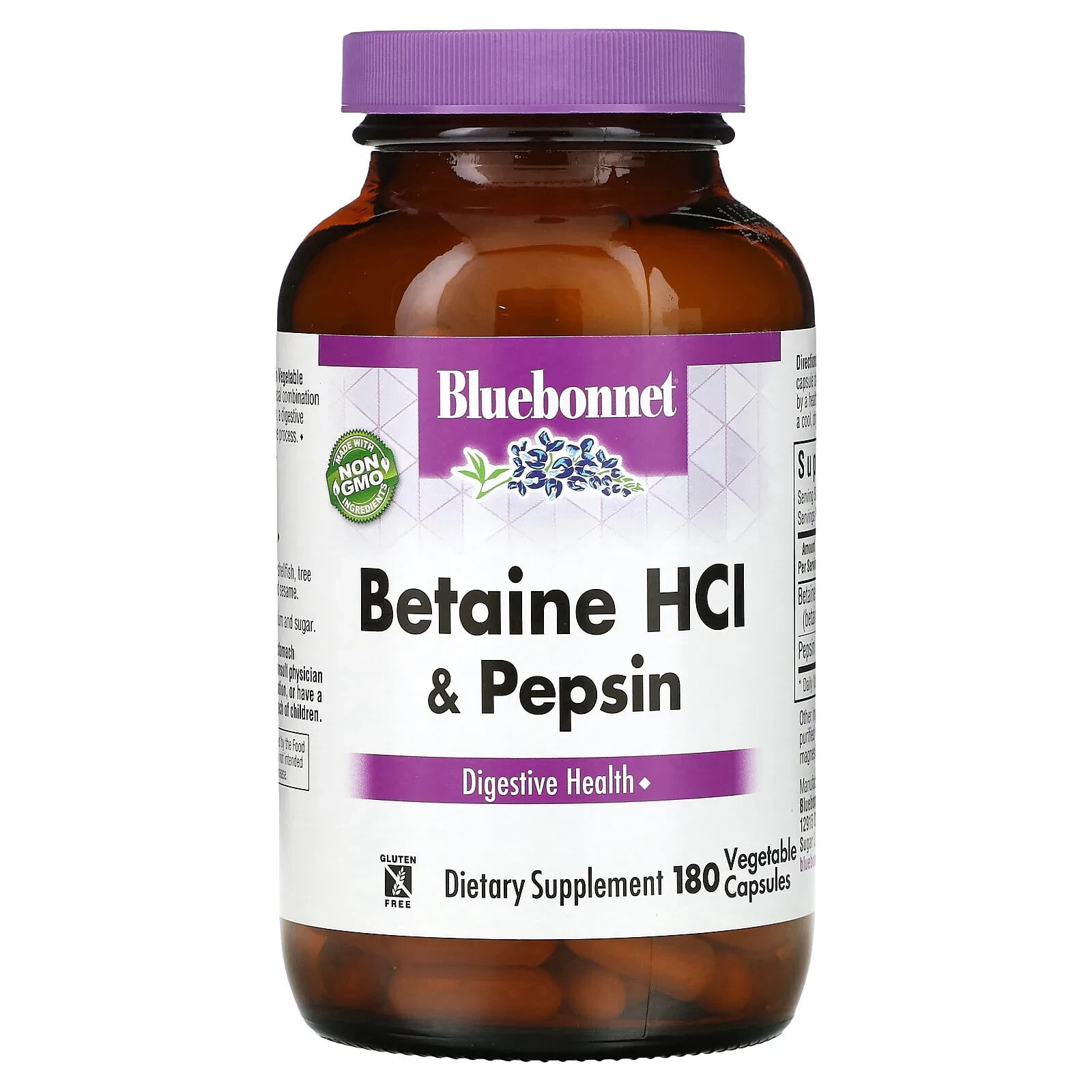 Bluebonnet Nutrition, Бетаина гидрохлорид, с пепсином, 180 растительных капсул