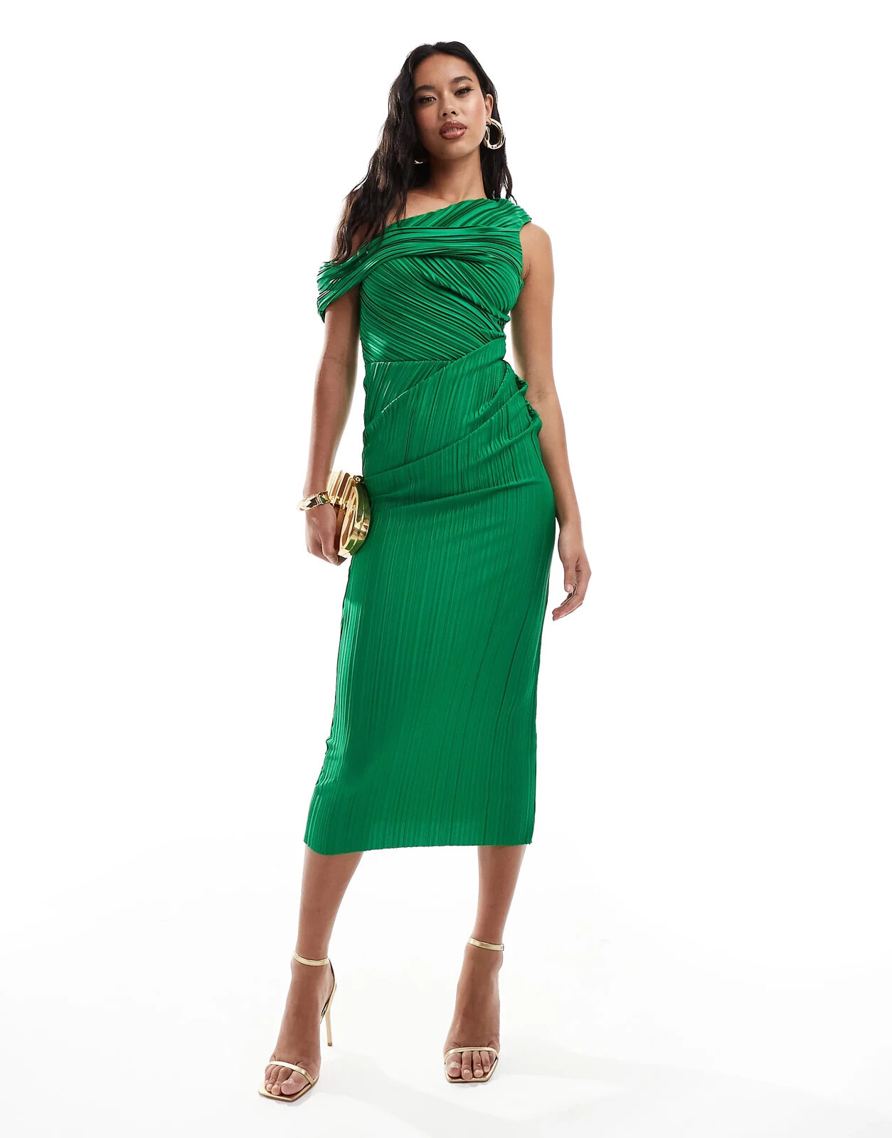 ASOS DESIGN plisse twist fallen shoulder midi dress in green