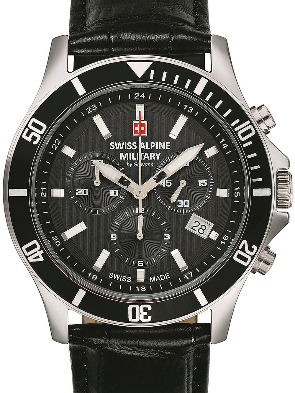 Мужские наручные часы с черным кожаным ремешком  Swiss Alpine Military 7022.9537 chronograph 42mm 10ATM