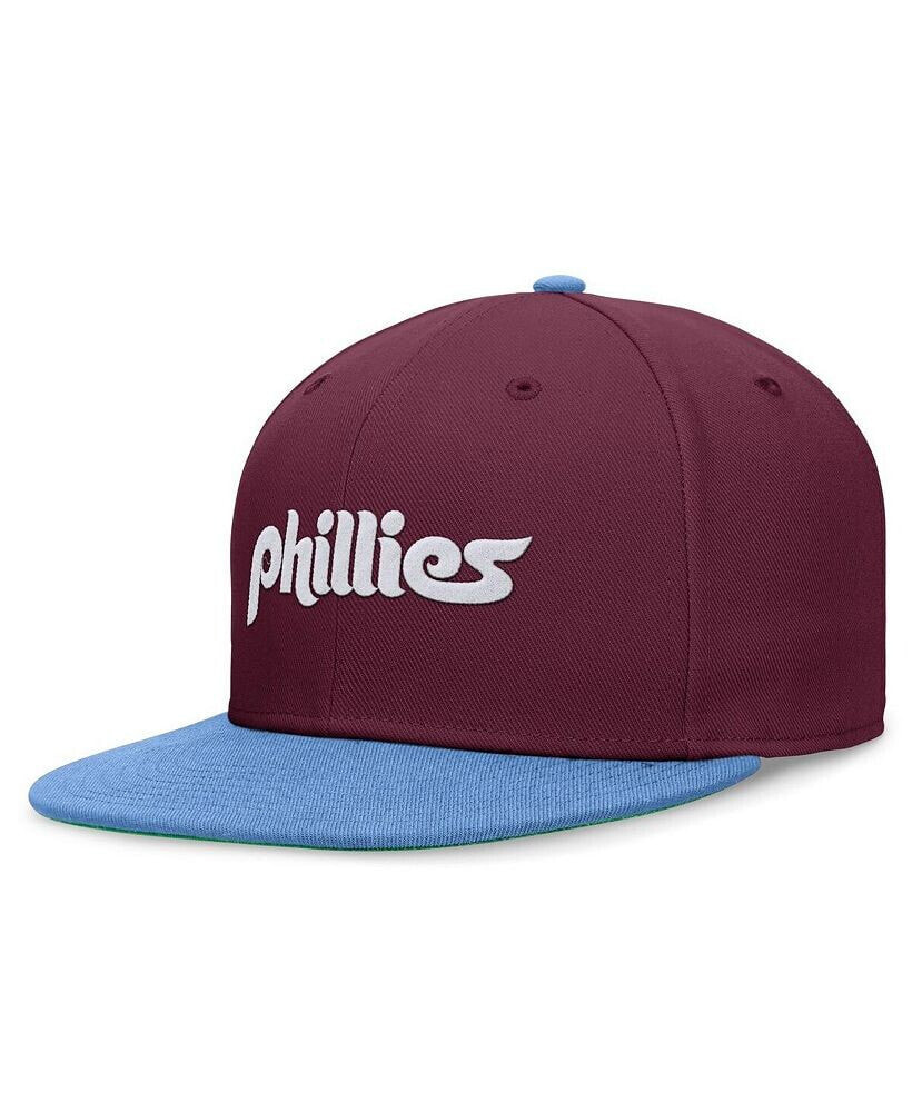 Nike men's Burgundy, Light Blue Distressed Philadelphia Phillies Rewind Cooperstown True Performance Fitted Hat