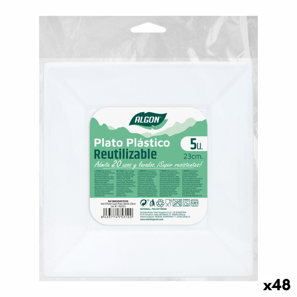 Set of reusable plates Algon Squared White Plastic 23 x 23 x 2 cm (48 Units)