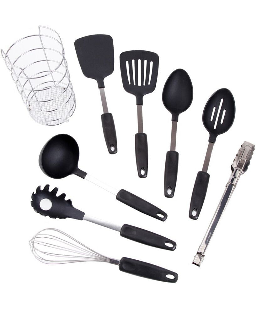 Laurie Gates chef's Better Basics 9 Piece Utensil Set with Round Shape Wire Caddy