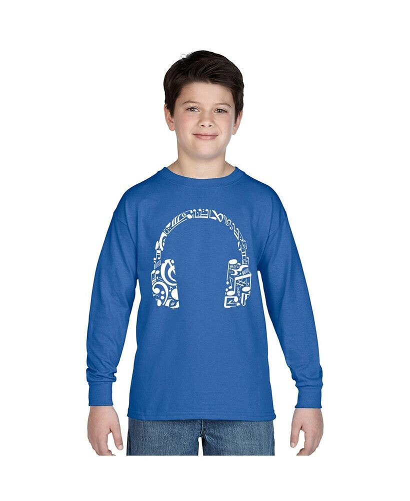 LA Pop Art big Boy's Word Art Long Sleeve T-shirt - Music Note Headphones