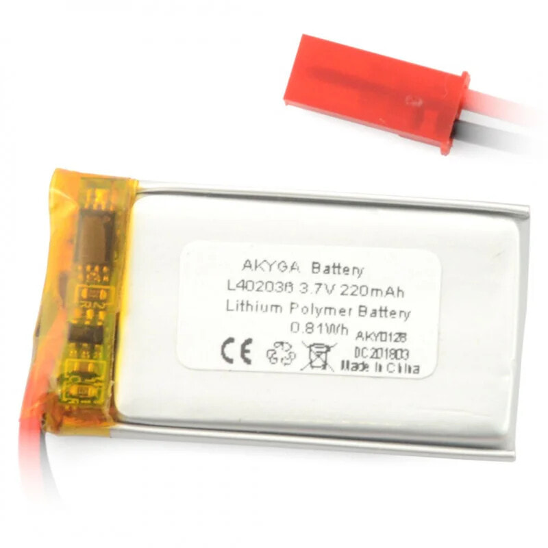 Akyga Li-Pol battery 220mAh 1S 3,7V - JST-BEC connector + socket - 36x20x4mm