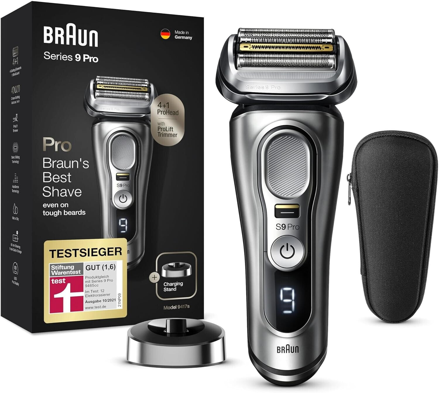 Braun Series 9 Pro Premium shaver men with 4+1 shaving head, electric shaver & ProLift trimmer, PowerCase, 60 min battery life, Wet & Dry for 1, 3 and 7 day beard, 9417s, silver