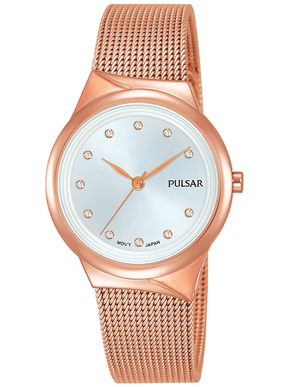 Женские наручные кварцевые часы Pulsar ремешок из нержавеющей стали. Водонепроницаемость-3 АТМ. Прочное, минеральное стекло. Циферблат декорирован камнями  Swarovski.