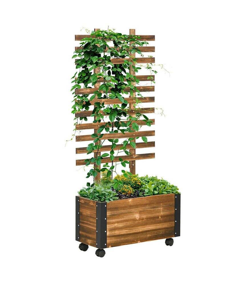 Outsunny raised Garden Bed, Wooden Planter with Trellis and Metal Corners, Portable on Wheels, to Grow Vegetables, Herbs, and Flowers for Patio, Backyard, Deck