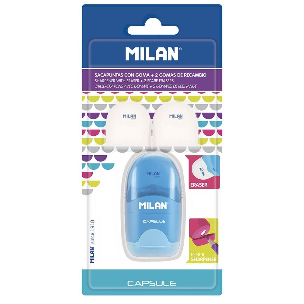 MILAN Blister Pack Eraser With Pencil Sharpener Capsule+2 Spare Erasers
