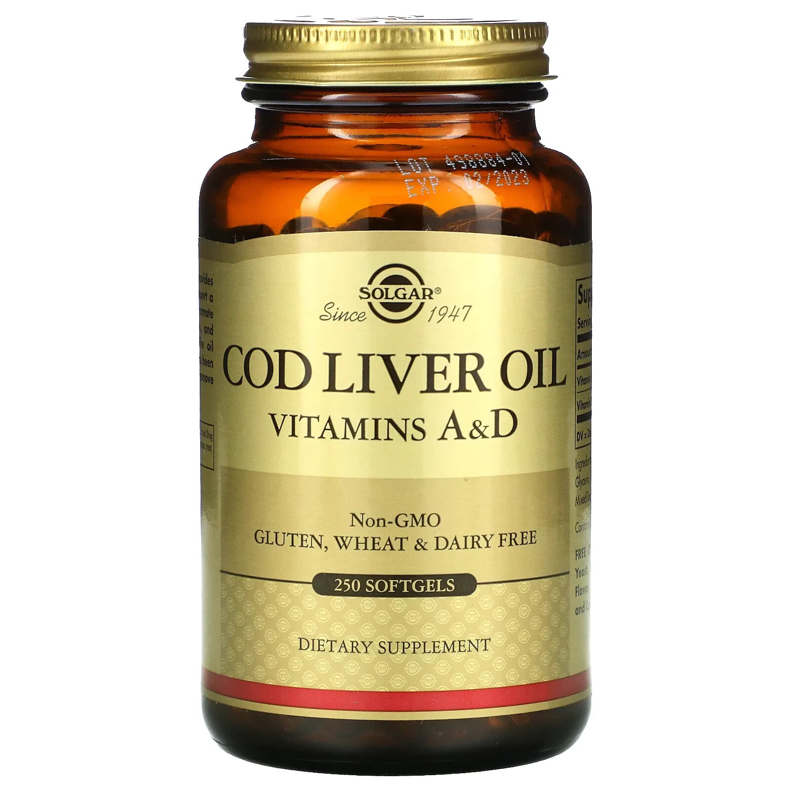 Solgar Cod Liver Oil Vitamin A&D Масло печени трески для иммунной поддержки и здоровья глаз 250 гелевых капсул