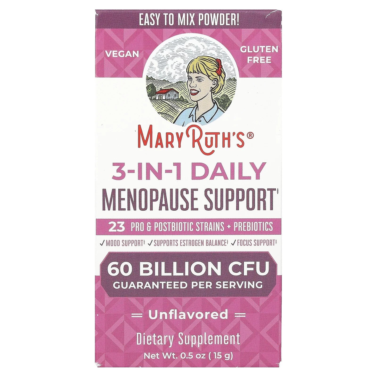 3-in-1 Daily Menopause Support, Unflavored, 60 Billion CFU, 0.5 oz (15 g)