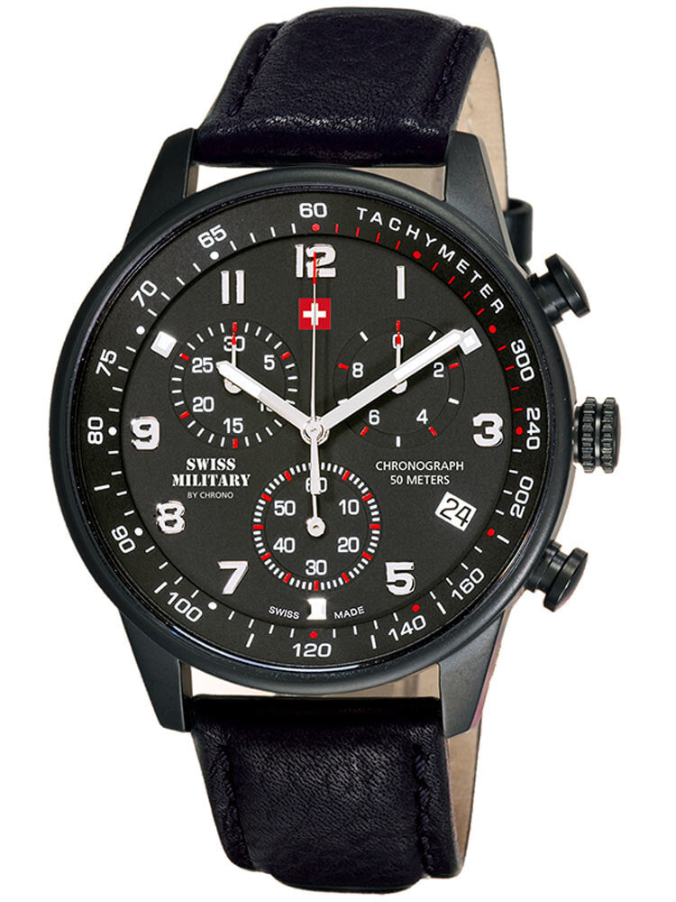 Мужские наручные часы с черным кожаным ремешком Swiss Military SM34012.08 Chronograph 41mm 5 ATM