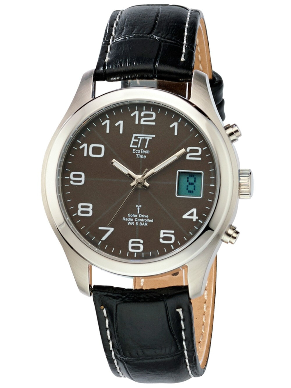 Мужские наручные часы с черным кожаным ремешком ETT EGS-11330-50L Solar Drive Radio Controlled Basic Mens 39mm 5ATM