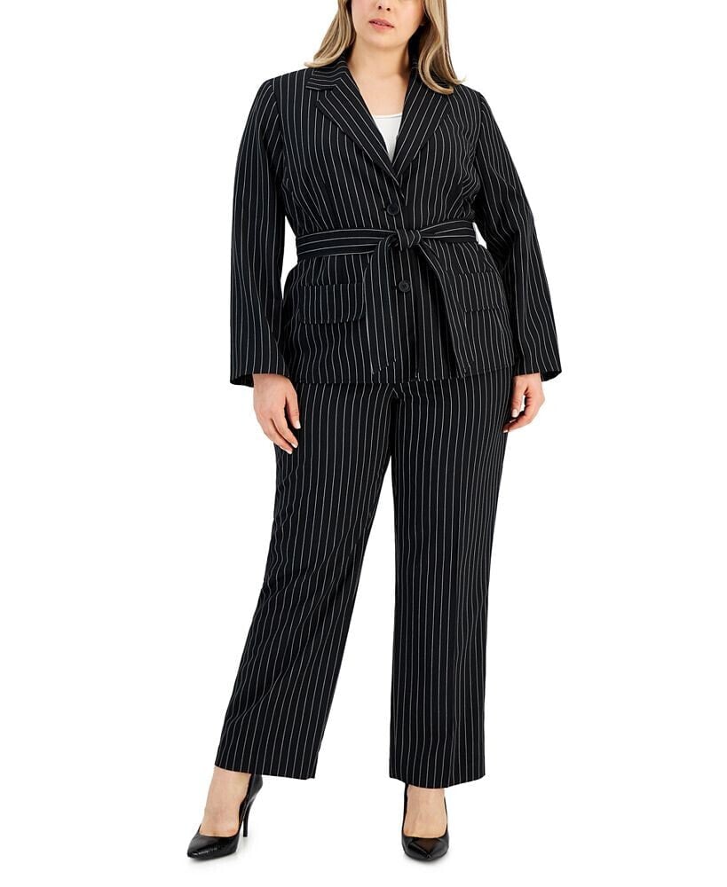 Le Suit plus Size Striped Belted Pantsuit