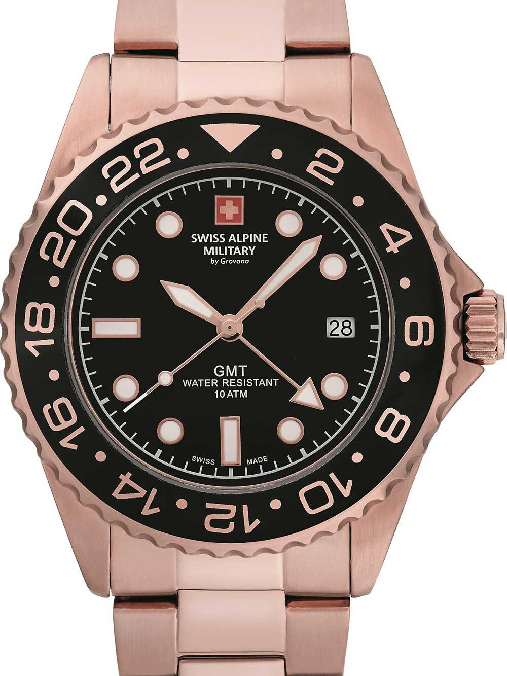 Мужские наручные часы с золотым браслетом Swiss Alpine Military 7052.1167 GMT diver 42mm 10ATM
