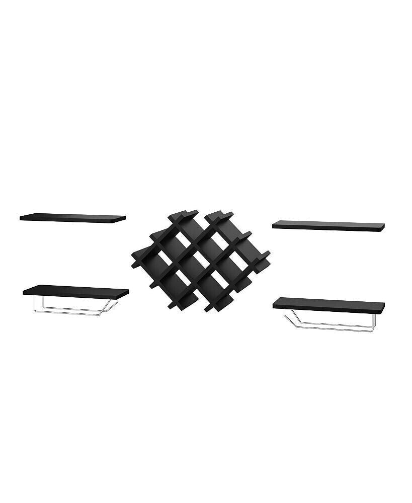 SUGIFT set of 5 Wall Mount Black Wine Rack Set with Storage Shelves