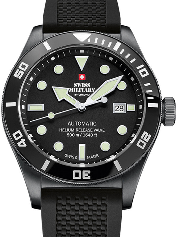 Мужские наручные часы с черным силиконовым ремешком Swiss Military SMA34075.05 Diver automatic 44 mm 50ATM
