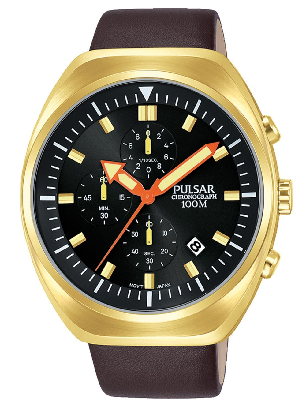 Мужские наручные часы с коричневым кожаным ремешком Pulsar PM3094X1 Chronograph 44mm 10 ATM