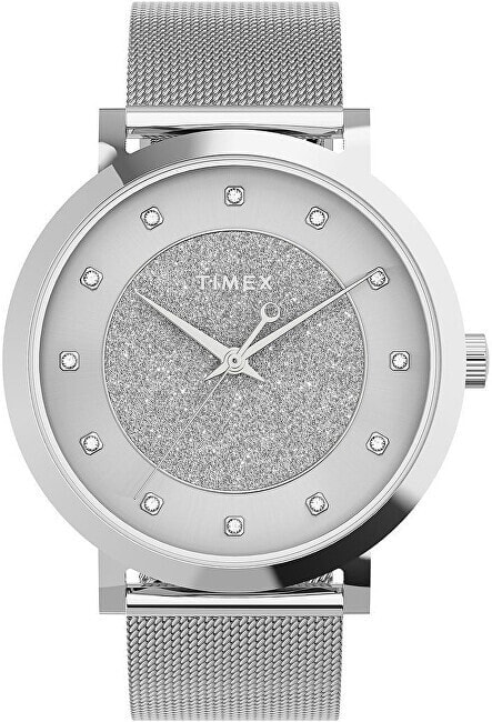 Женские часы аналоговые круглые со стразами на циферблате миланское плетение серебристые Timex