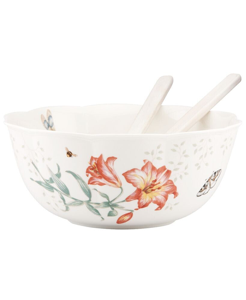 Lenox butterfly Meadow Salad Bowl with Wooden Servers