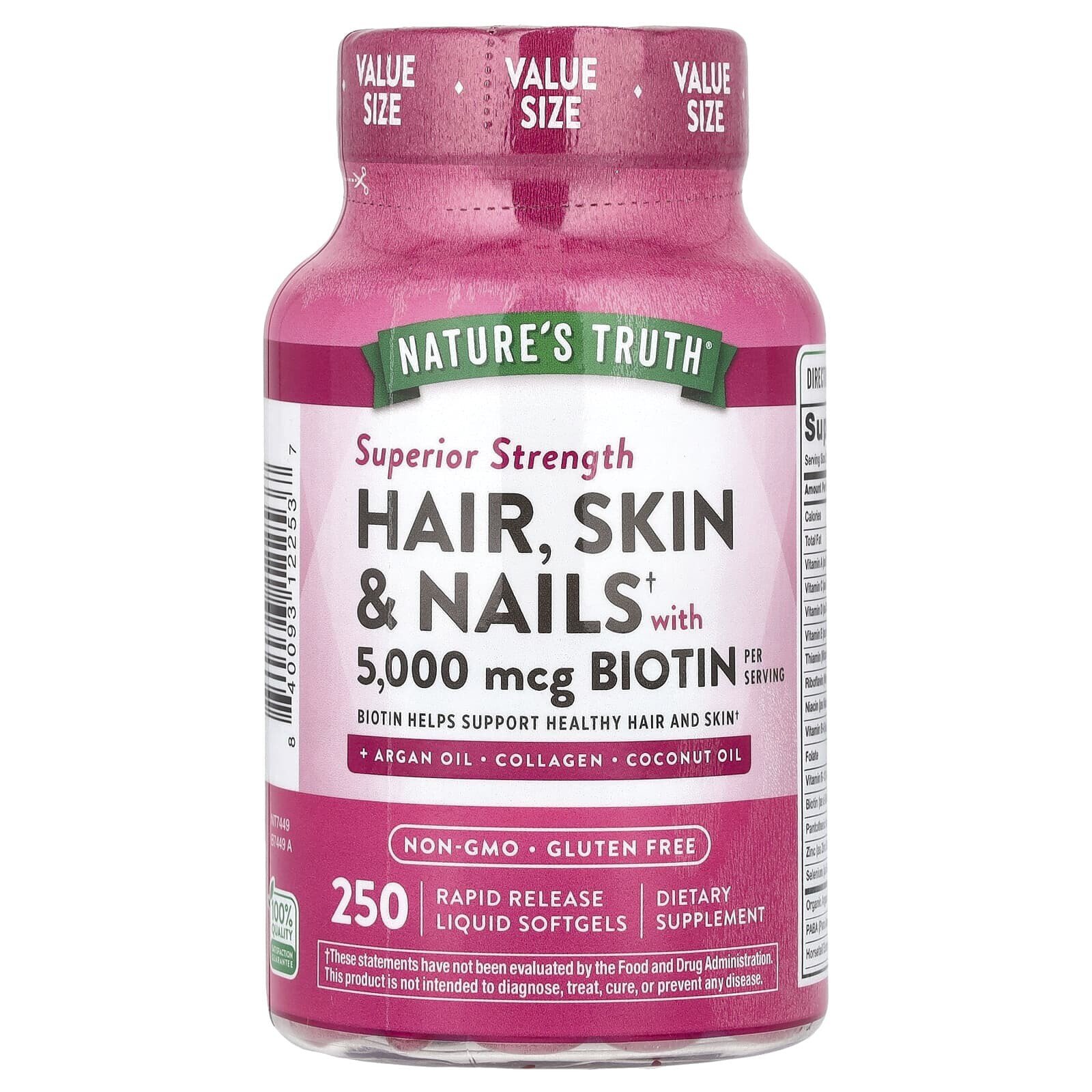 Hair, Skin & Nails with Biotin, Superior Strength, 250 Rapid Release Liquid Softgels