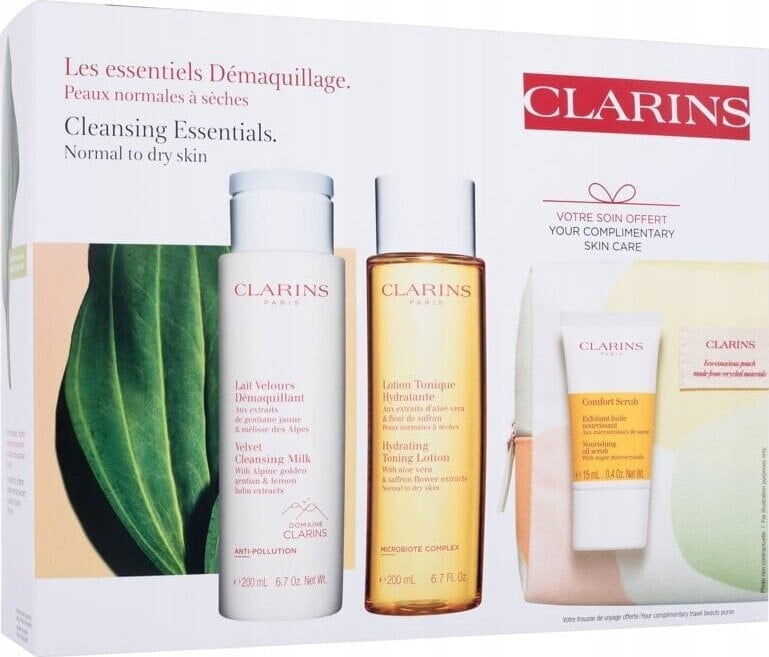 Clarins CLARINS SET (VELVET CLEANSING MILK 200ML + HYDRATING TONING LOTION 200ML + COMFORT SCRUB 15ML + COSMETICS BAG)