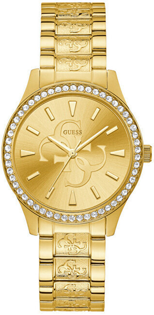 Женские часы аналоговые круглые со стразами на циферблате золотистые Guess