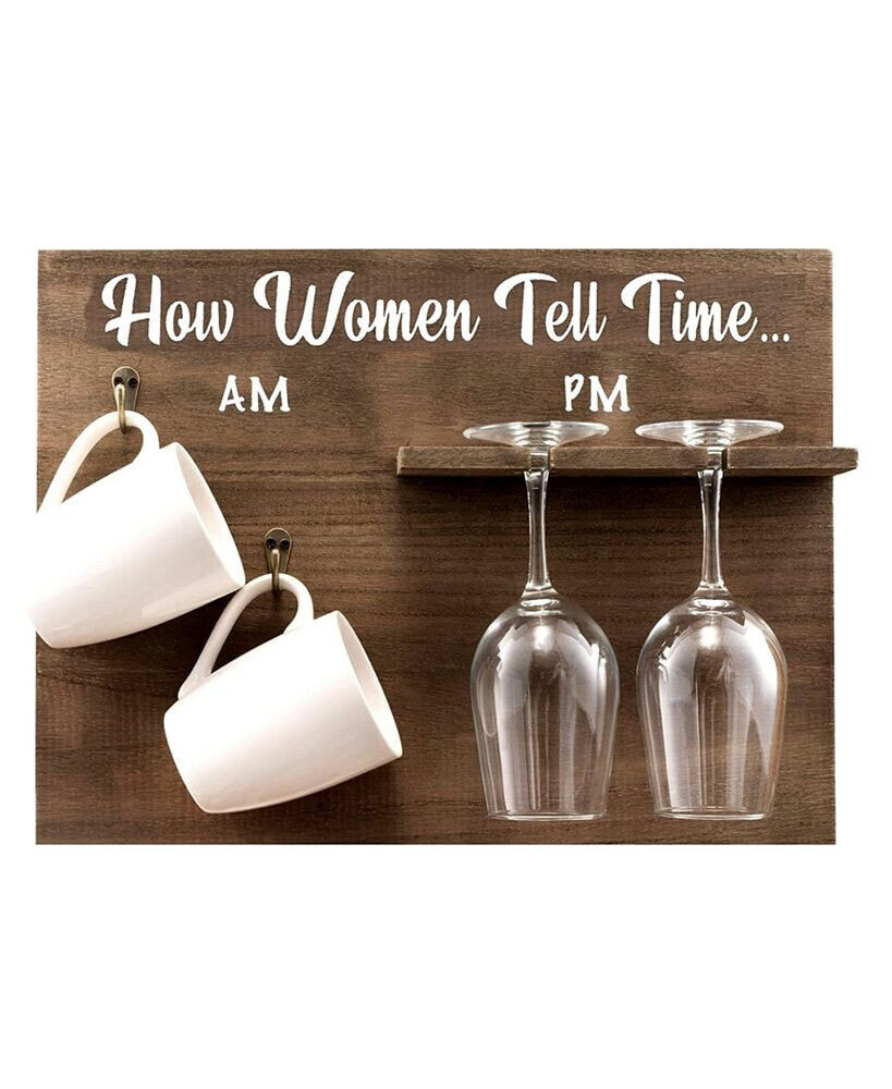 How Woman Tell Time Wall Mounted Wine Rack with Wine Glasses and Coffee Mugs, Set of 5