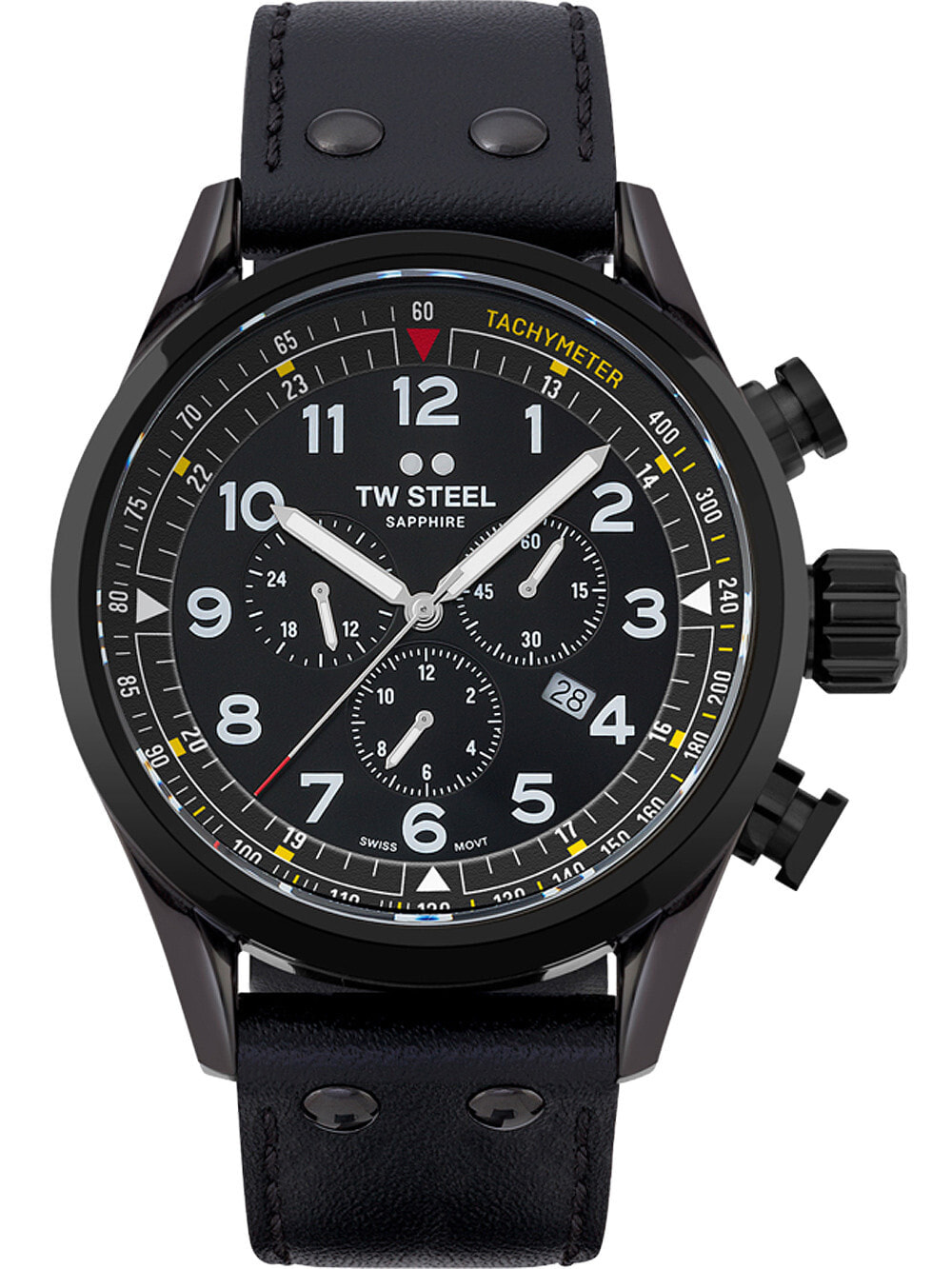 Мужские наручные часы с черным кожаным ремешком TW-Steel SVS205 Volante chronograph 48mm 10ATM