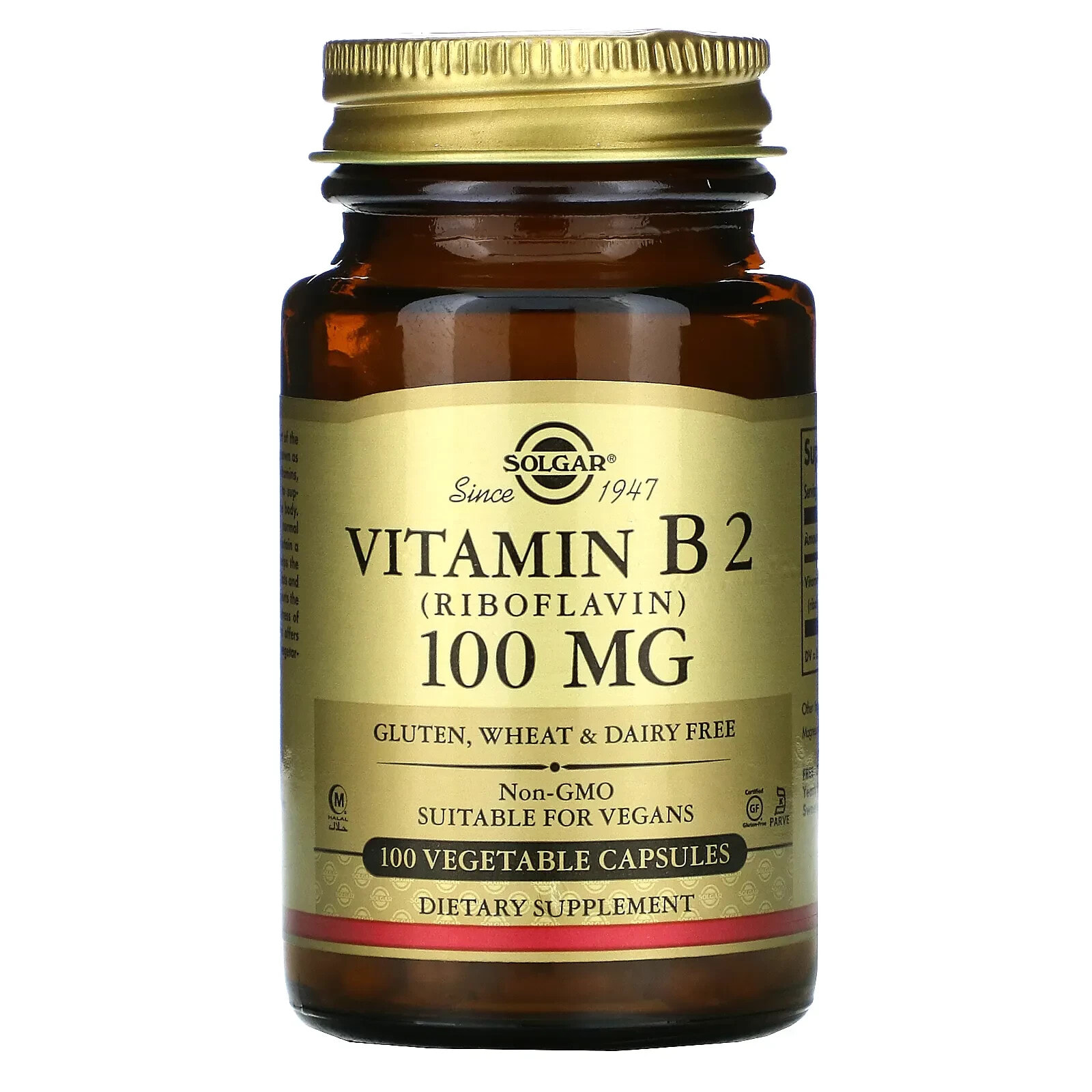 Vitamin B2 (Riboflavin), 100 mg, 100 Vegetable Capsules