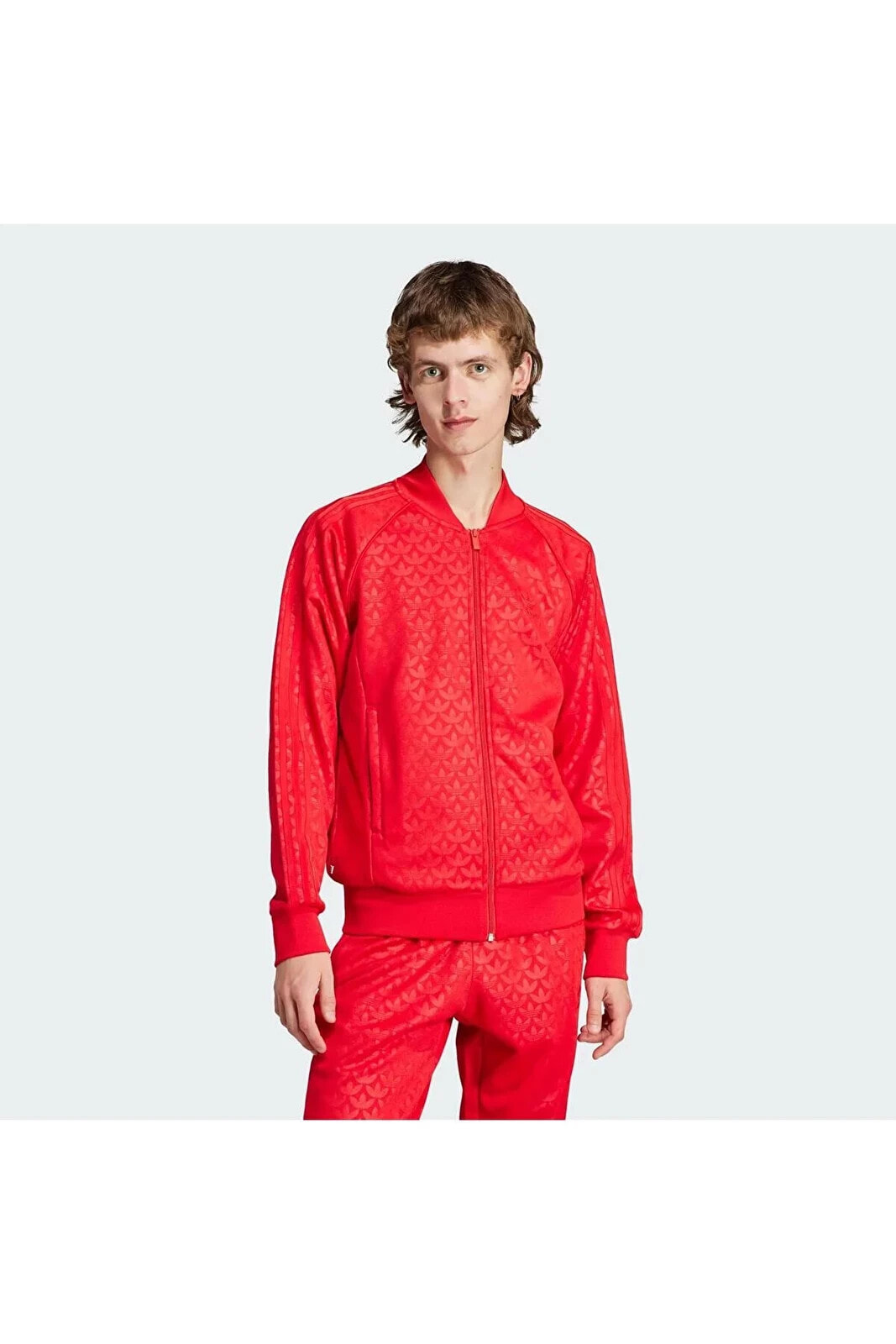 Kırmızı Erkek Dik Yaka Desenli Zip Ceket Ij5689