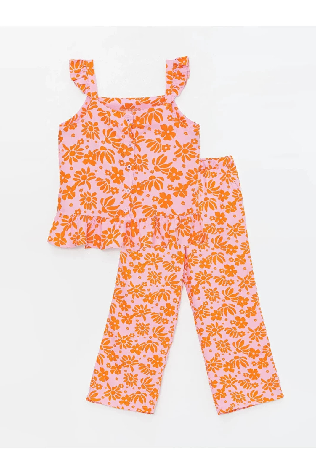 LCW Kids Kare Yaka Çiçekli Kız Çocuk Bluz ve Pantolon