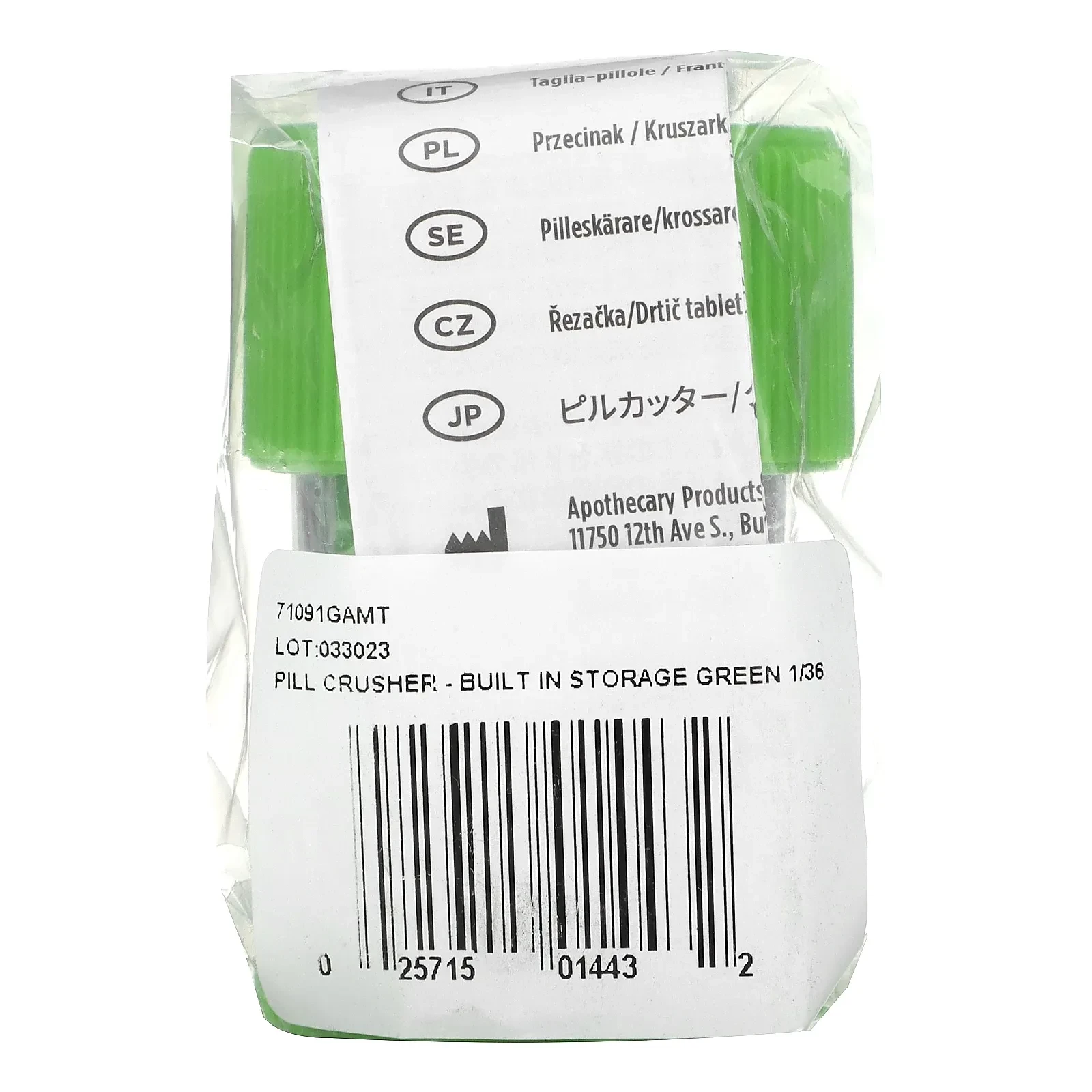 Pill Crusher, Built in Storage, Green, 1 Count