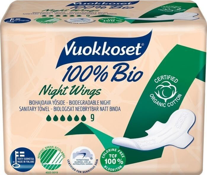 Vuokkoset Vuokkoset, 100% BIO, Sanitary pads with wings for the night, 9 pcs.