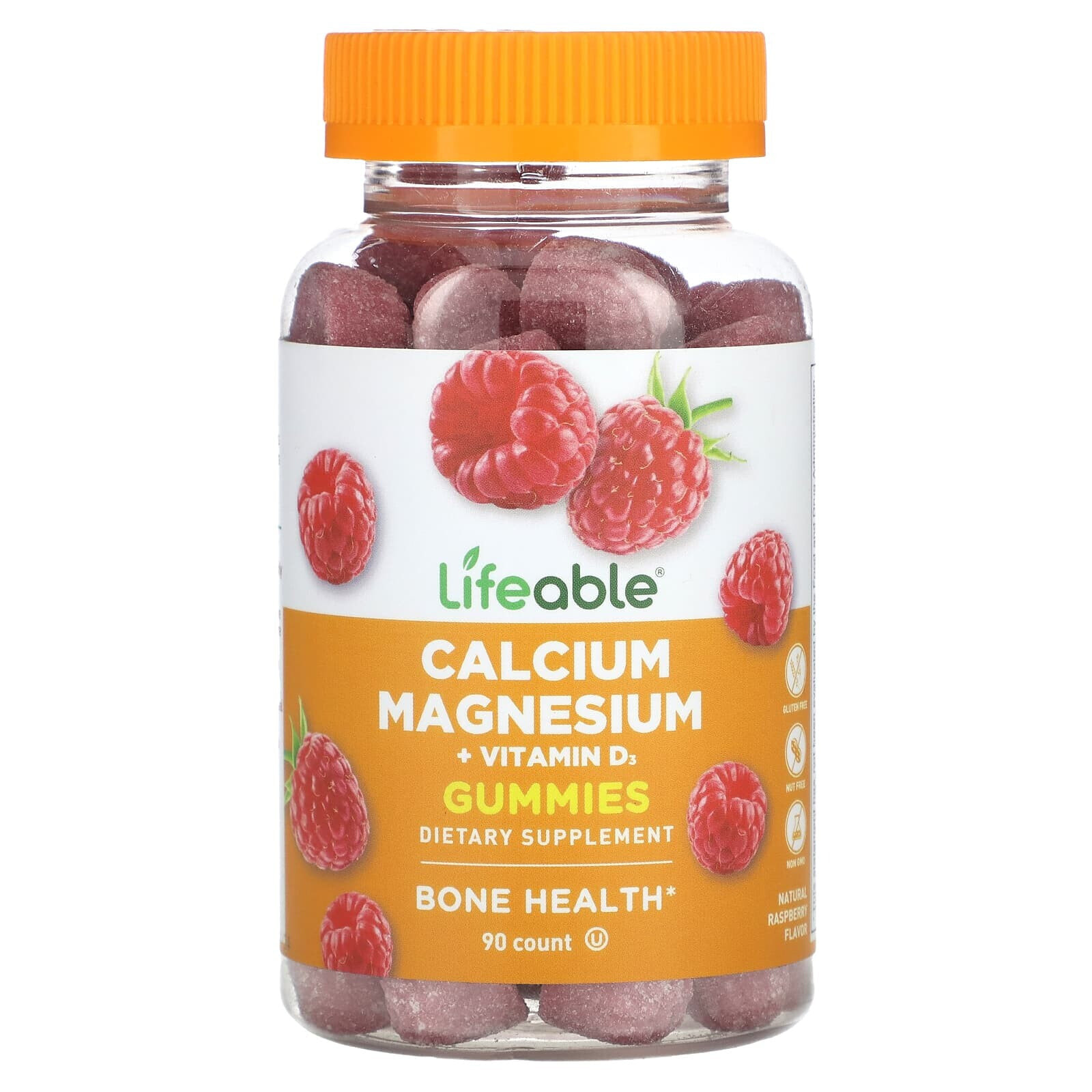 Lifeable, Кальций, магний и витамин D3 в жевательных таблетках, натуральная малина, 90 жевательных таблеток