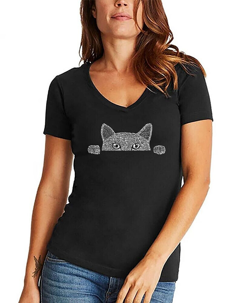 LA Pop Art women's Word Art Peeking Cat V-Neck T-Shirt