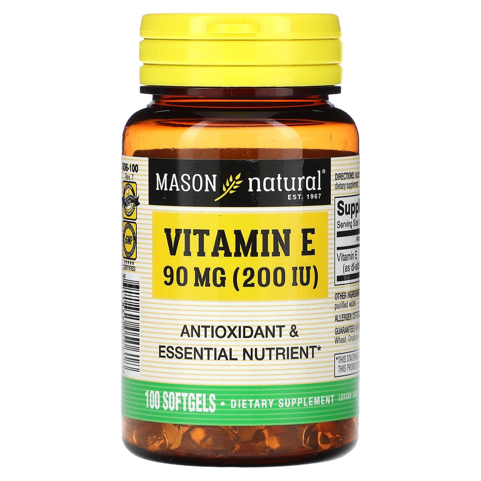 Mason Natural, Витамин E, 90 мг (200 МЕ), 100 мягких таблеток