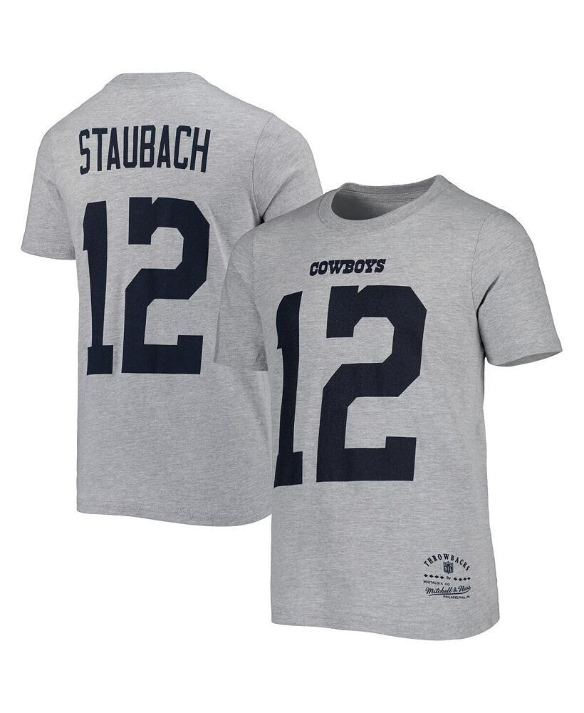 Mitchell & Ness big Boys Roger Staubach Heathered Gray Dallas Cowboys Retired Retro Player Name and Number T-shirt