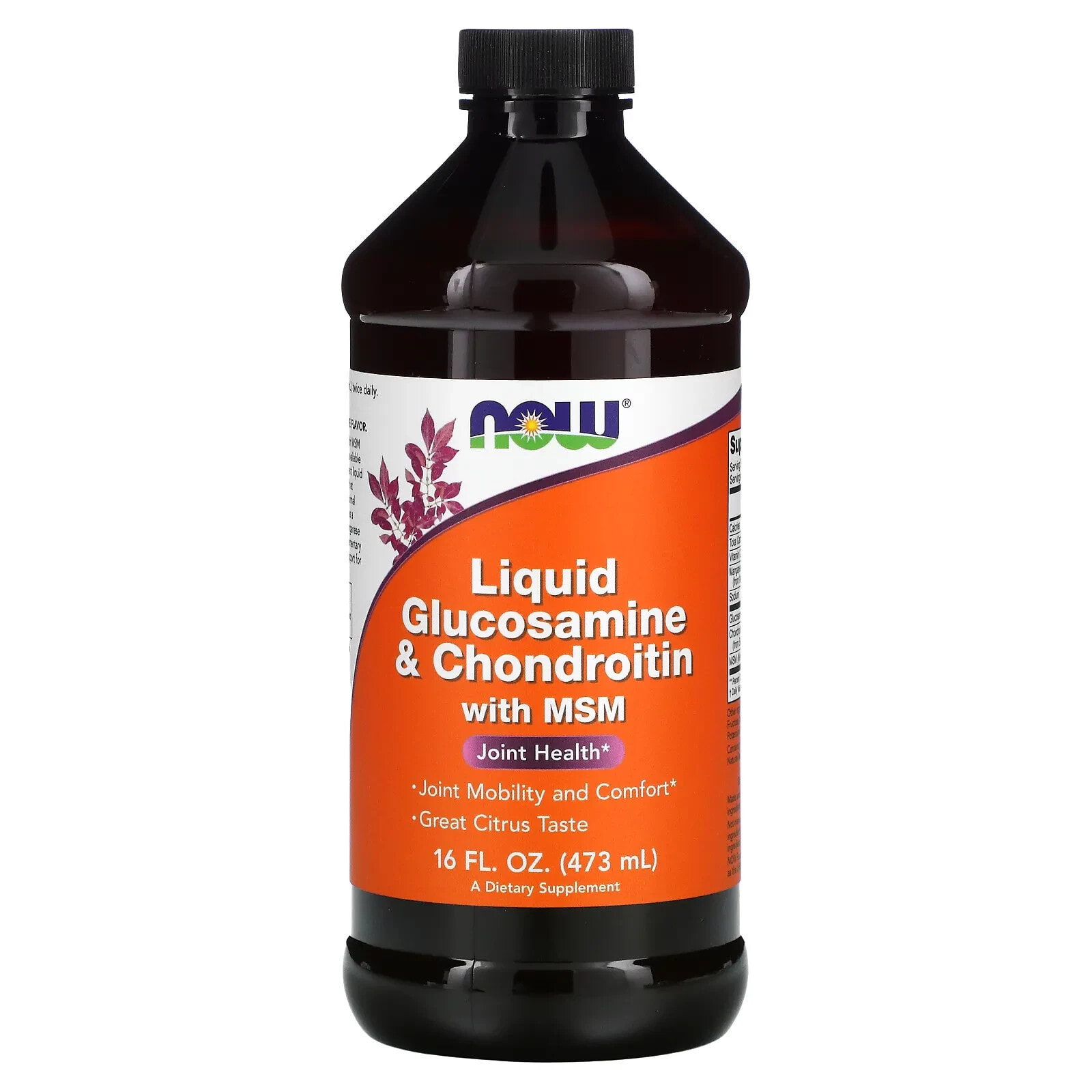 NOW Liquid Glucosamine & Chondroitin with MSM Citrus Жидкий глюкозамин, хондроитин с МСМ для здоровья суставов 473 мл с апельсиновым вкусом