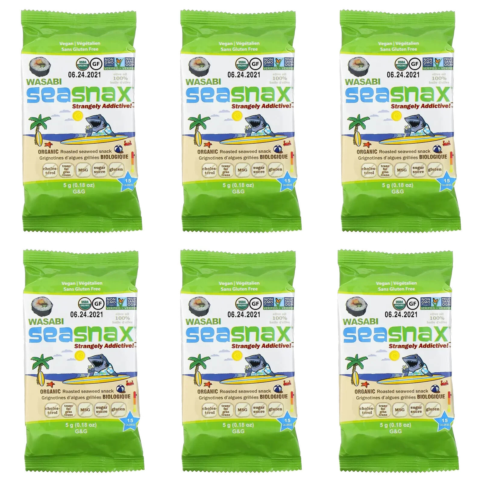 Grab & Go, Premium Roasted Seaweed Snack, Wasabi, 6 Pack, 0.18 oz (5 g) Each
