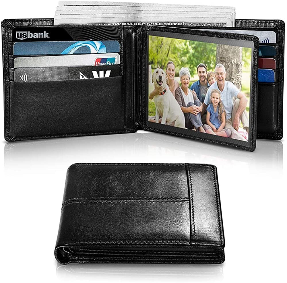 Мужское портмоне кожаное горизонтальное черное без застежки Mens Wallet RFID Genuine Leather Bifold Wallets For Men, ID Window 16 Card Holders Gift Box