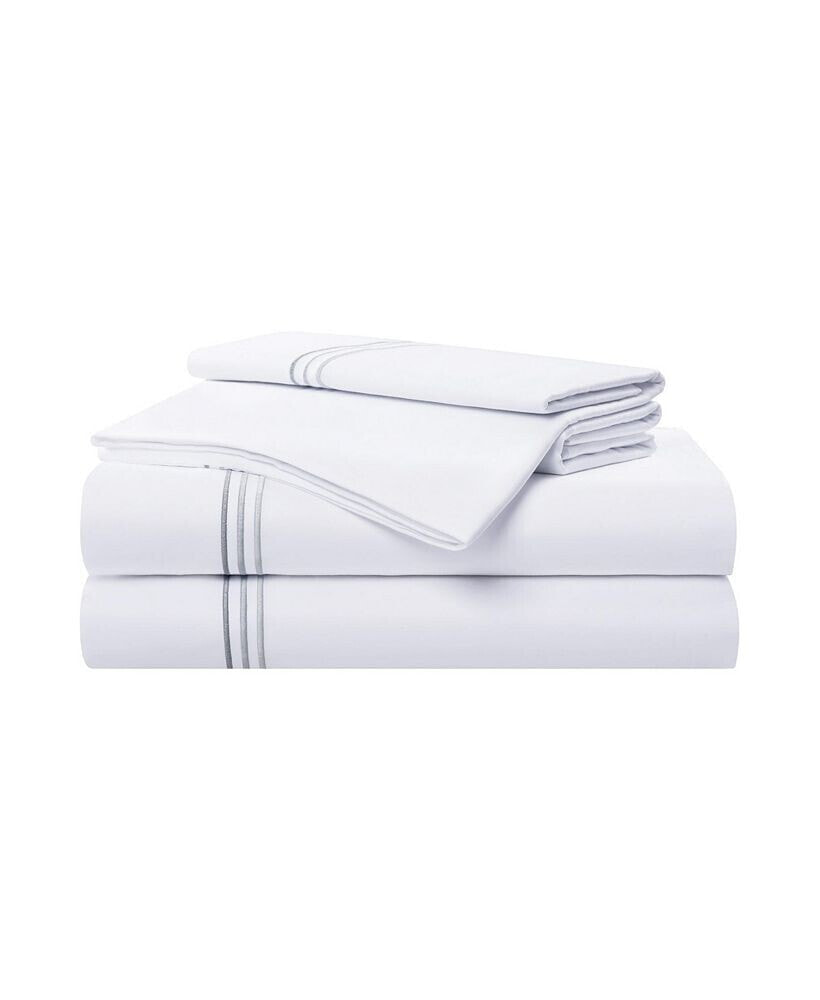 Sateen Full Sheet Set, 1 Flat Sheet, 1 Fitted Sheet, 2 Pillowcases, 600 Thread Count, Sateen Cotton, Pristine White with Fine Baratta Embroidered 3-Striped Hem