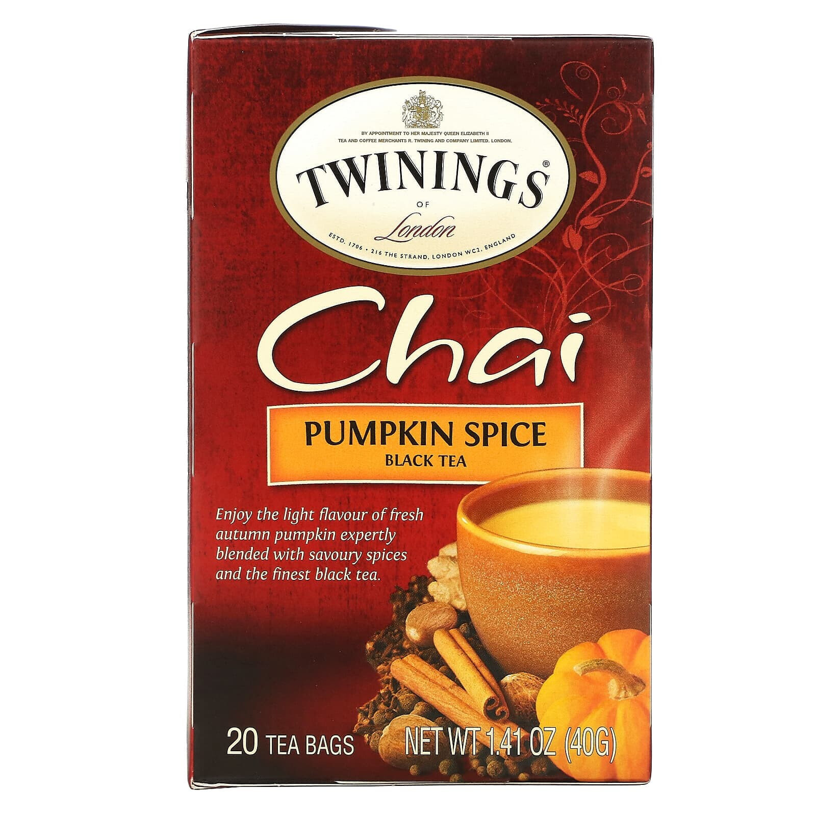 Твайнингс, Chai, чай со специями, пикантная тыква, 20 чайных пакетиков, 40 г (1,41 унции)